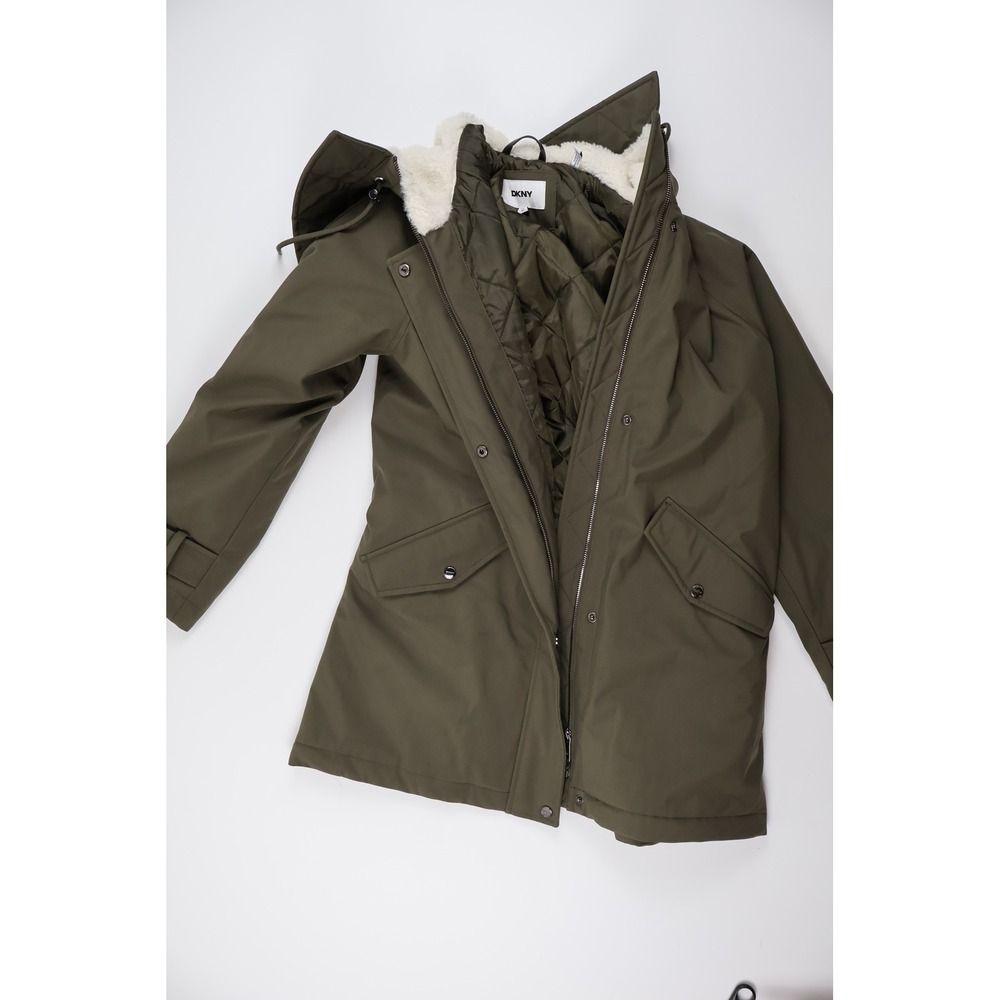 DKNY Parka Jacket Faux Shearling Hood Olive Green Medium Coat